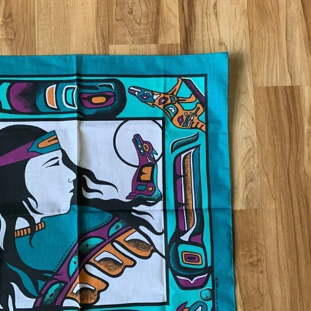 Vintage Aztec Southwestern Cotton Poly Turquoise Handkerchief Bandana USA 21”